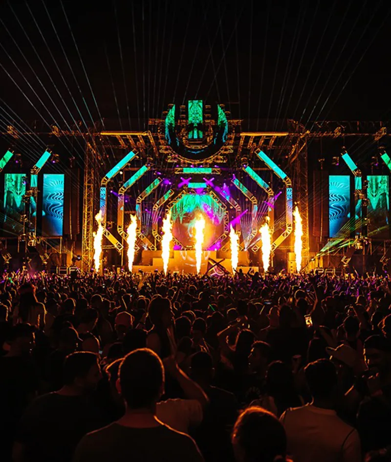 Ultra Music Festival South Africa main stage with LED screens, lighting rigs and nighttime crowd