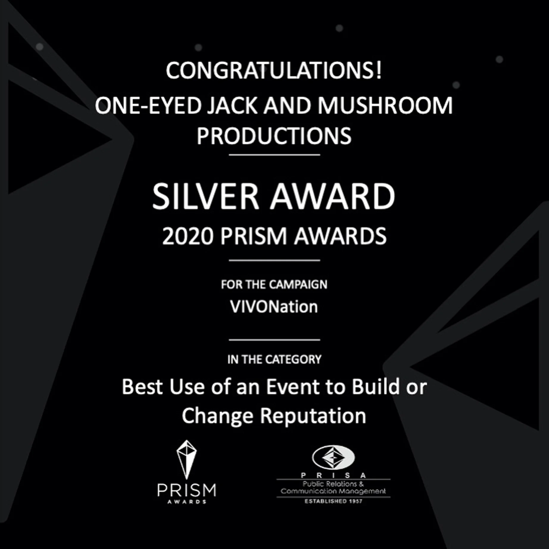 PRISM Silver award certificate recognising Mushroom Productions for Best use of event innovation at a large scale event